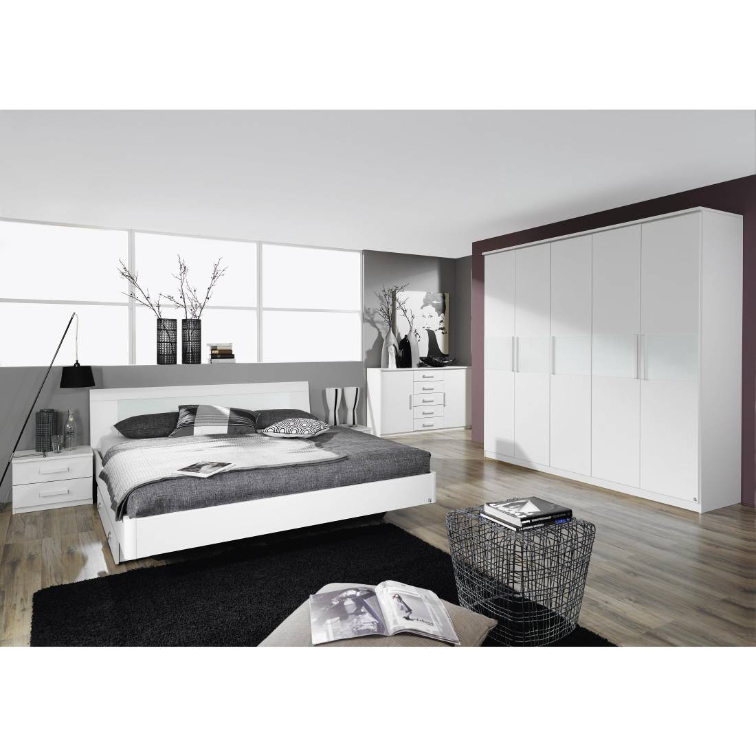 Schlafzimmerset Holy White (4-teilig) mit Drehtürenschrank - Alpinweiß/Glas Weiß (Liegefläche 160 x 200cm)
