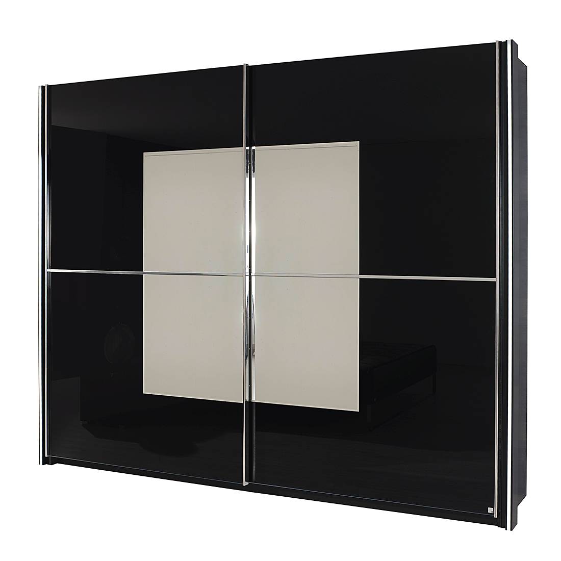 Schwebetürenschrank Nala – Schwarze Glasfront mit Spiegelauflage (Schrankbreite: 181 cm – mit seitlicher Beleuchtung)